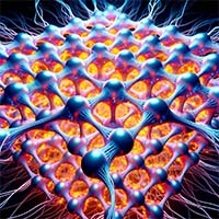 A 3D render of a lattice structure that represents a quantum material, with vibrant energy flows between its nodes